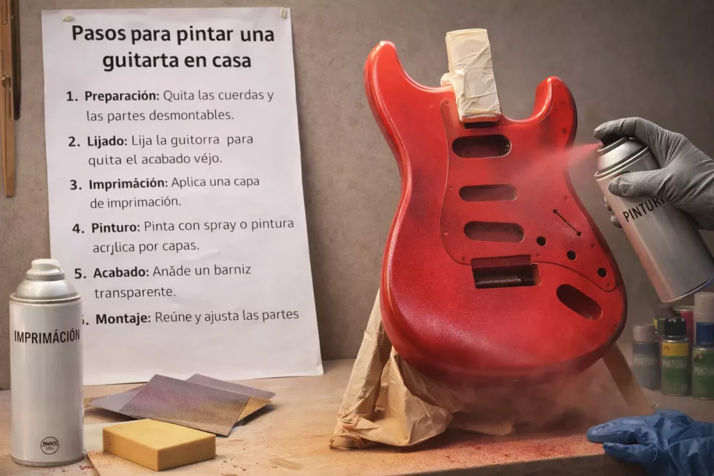 Proceso de pintado de una guitarra eléctrica en casa, con spray, lijas, imprimación y una guía de pasos en español visibles en el taller.