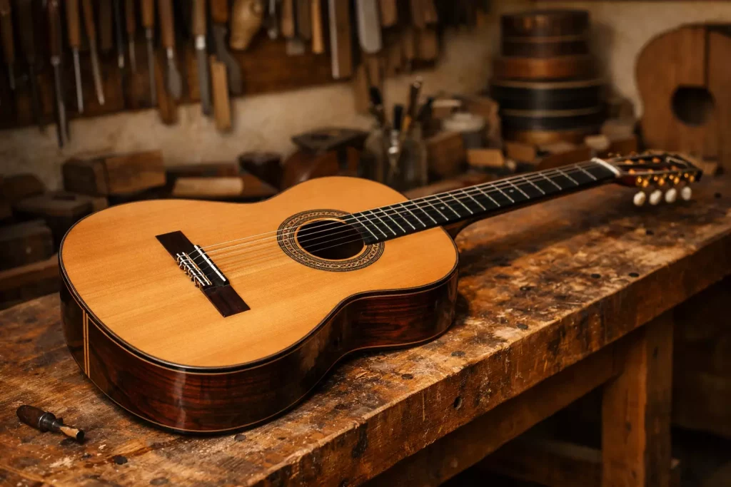 Guitarra clásica española artesanal sobre banco de trabajo en taller de luthier.