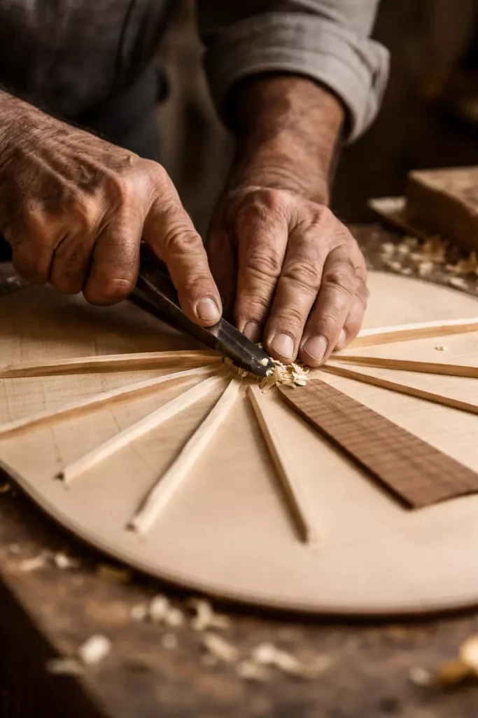 Luthier español trabajando a mano el varetaje en abanico de una guitarra clásica