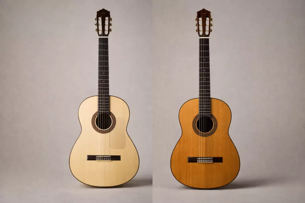 Comparación de guitarras españolas: flamenca blanca con golpeador y guitarra clásica