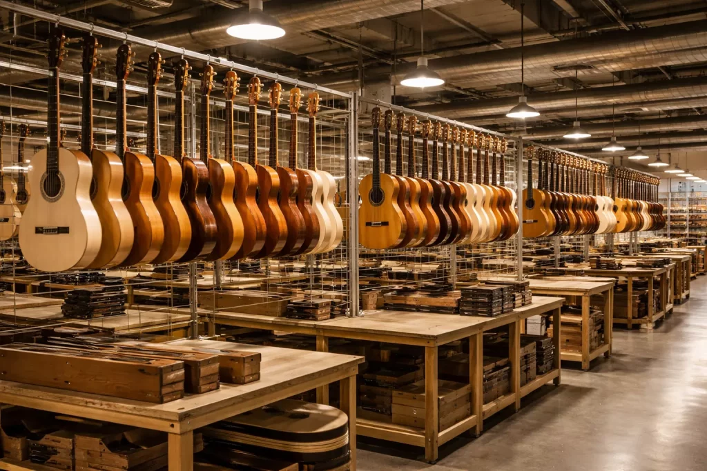 Fábrica moderna de guitarras clásicas españolas con instrumentos secándose