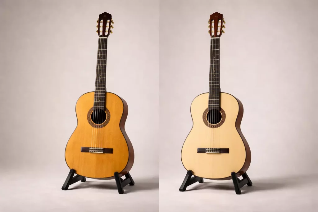 Guitarra clásica artesanal y guitarra de fabricación industrial en estudio