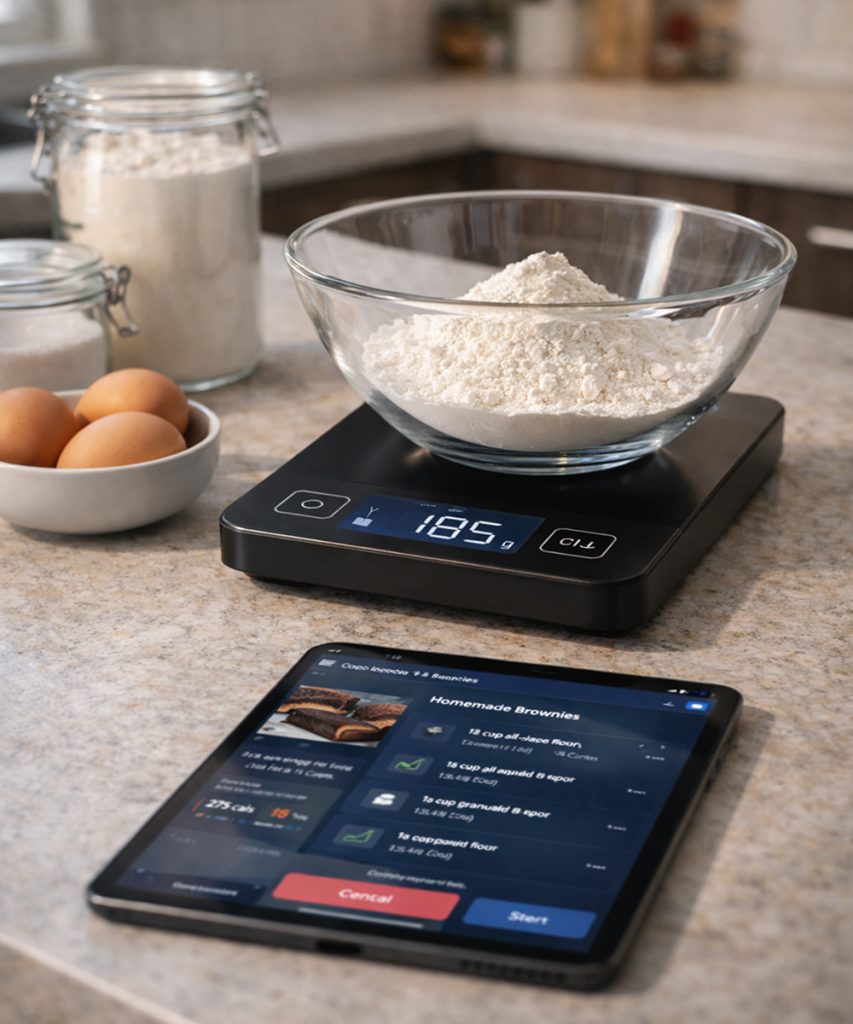 Electrodomésticos inteligentes en una cocina doméstica con báscula digital