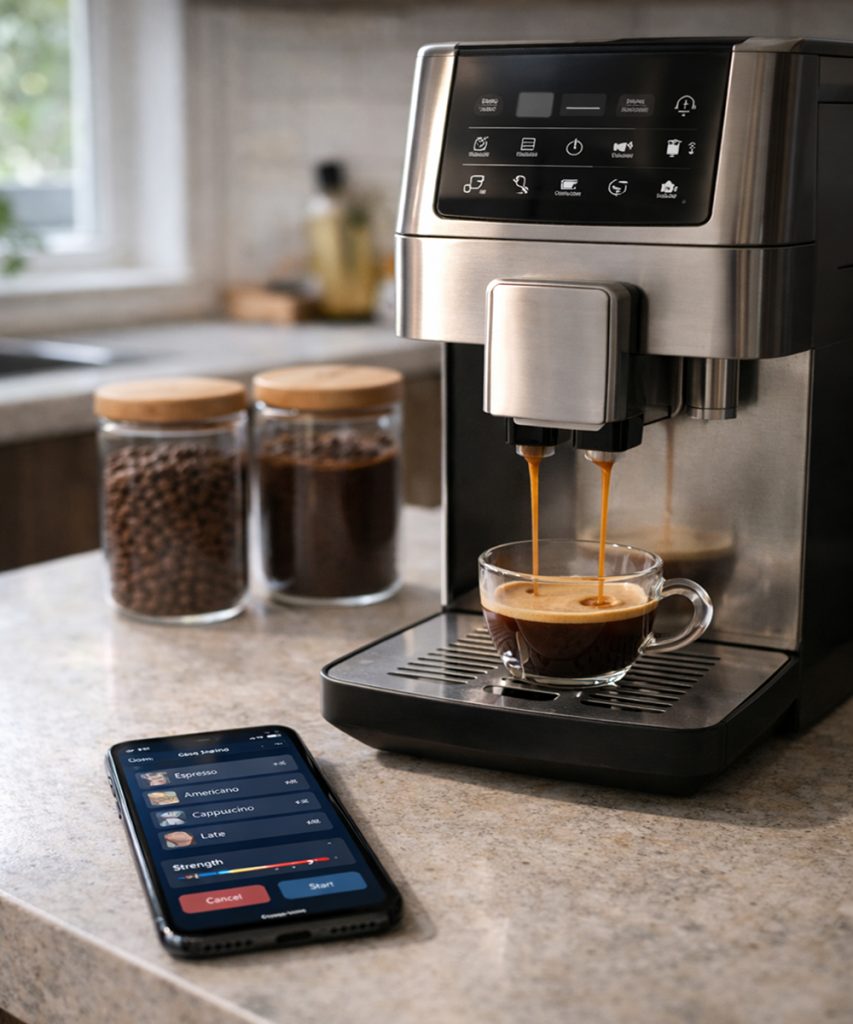 Cocina moderna con cafetera automática y tecnología inteligente real