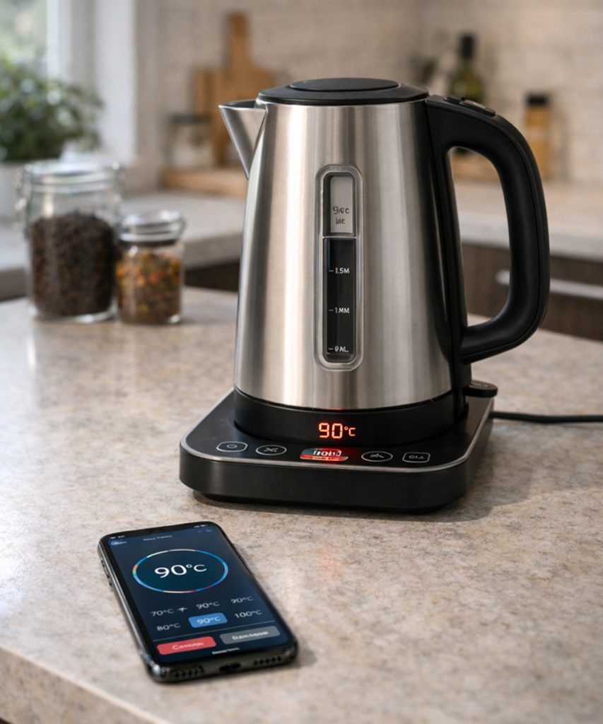 Cocina conectada en el hogar con hervidor eléctrico moderno